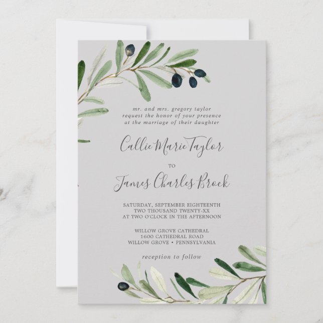 Modern Olive Branch | Grey Traditional Wedding Invitation (Front)