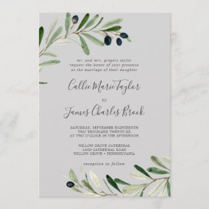 Modern Olive Branch   Grey Traditional Wedding Invitation