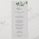 Modern Olive Branch | Grey Wedding Dinner Menu<br><div class="desc">This modern olive branch grey wedding dinner menu card is perfect for a boho wedding. The rustic yet elegant design features simple watercolor botanical green leaves and black olives on a small branch with a classic mediterranean feel. This menu can be used for a wedding reception, rehearsal dinner, or any...</div>