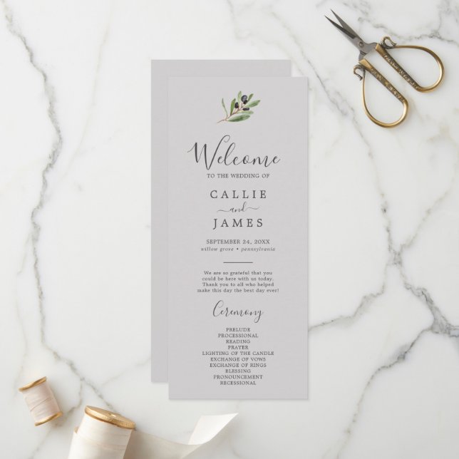 Modern Olive Branch | Grey Wedding Program Programme (Front/Back In Situ)