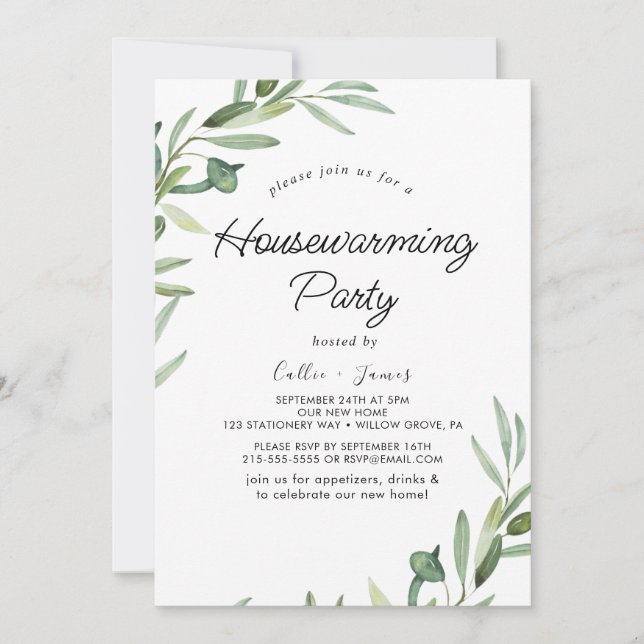 Modern Olive Branch Housewarming Party Invitation (Front)