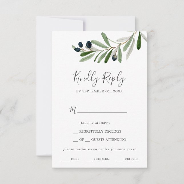 Modern Olive Branch Menu Choice RSVP Card (Front)