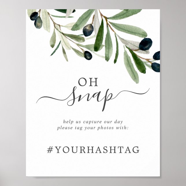 Modern Olive Branch Oh Snap Wedding Hashtag Sign (Front)