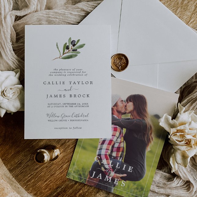 Modern Olive Branch Photo on the Back Wedding Invitation (Creator Uploaded)