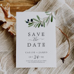 Modern Olive Branch Save the Date Card<br><div class="desc">This modern olive branch save the date card is perfect for a boho wedding. The rustic yet elegant design features simple watercolor botanical green leaves and black olives on a small branch with a classic mediterranean feel.</div>