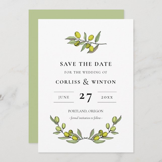 Modern Olive branch Save the date Invitation (Front/Back)