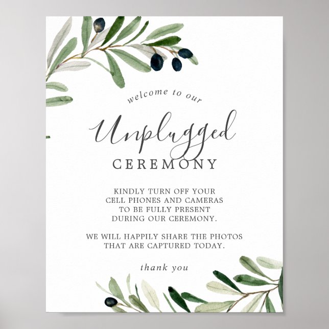 Modern Olive Branch Unplugged Ceremony Sign (Front)