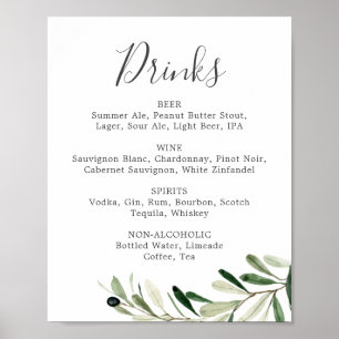 Modern Olive Branch Wedding Drinks Menu Sign