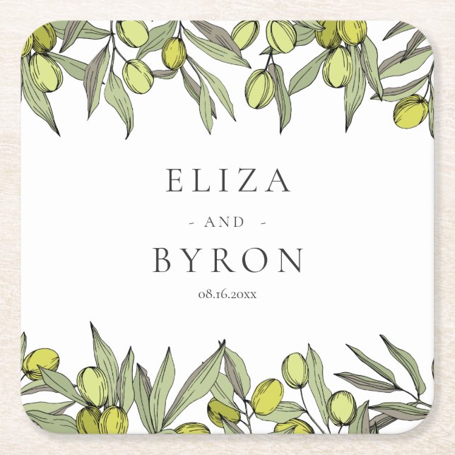 Modern Olive branch wedding Square Paper Coaster (Front)
