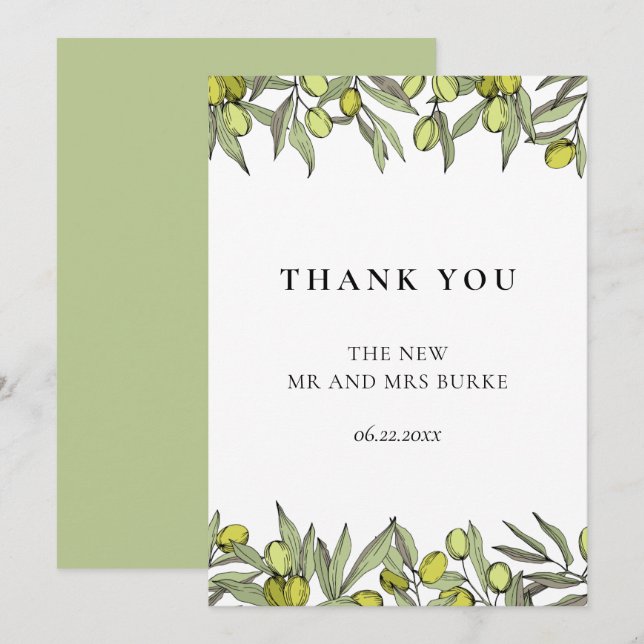 Modern Olive branch wedding Thank You Card (Front/Back)