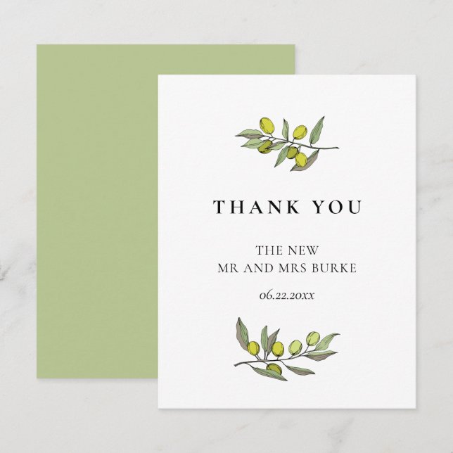 Modern Olive branch wedding Thank You Card (Front/Back)