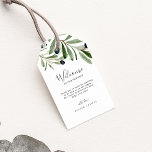 Modern Olive Branch Wedding Welcome Gift Tags<br><div class="desc">These modern olive branch wedding welcome gift tags are perfect for a boho wedding. The rustic yet elegant design features simple watercolor botanical green leaves and black olives on a small branch with a classic mediterranean feel. Personalise the tags with the location of your wedding, a short welcome note, your...</div>