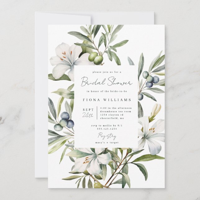 Modern Olive Floral Bridal Shower Invitation (Front)