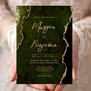 Modern Olive Green Agate Gold Script Wedding Invitation