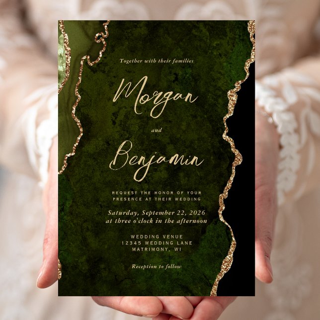Modern Olive Green Agate Gold Script Wedding Invitation (Creator Uploaded)