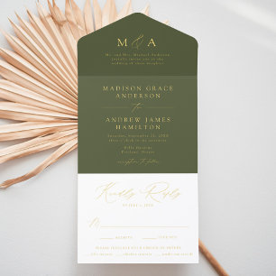 Modern Olive Green and Gold Foil Monogram Wedding All In One Invitation