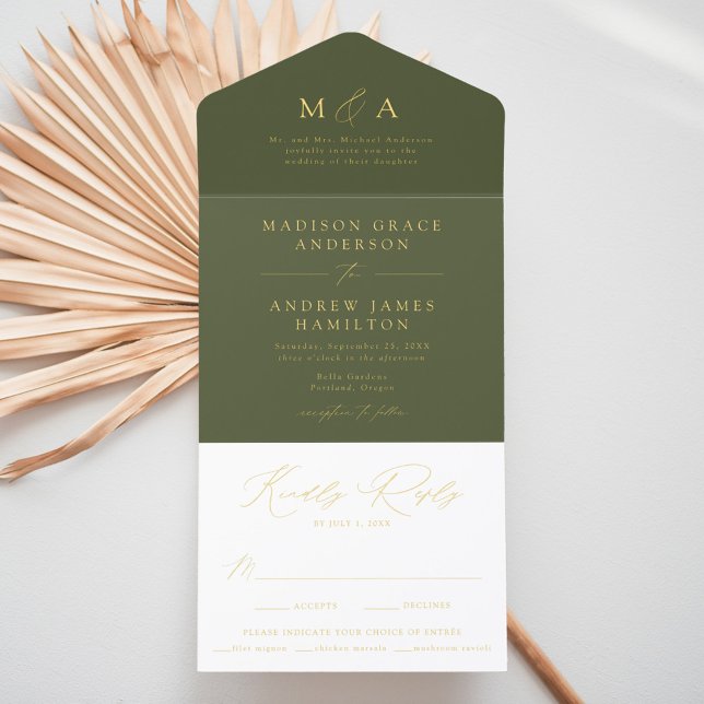 Modern Olive Green and Gold Foil Monogram Wedding All In One Invitation (Creator Uploaded)