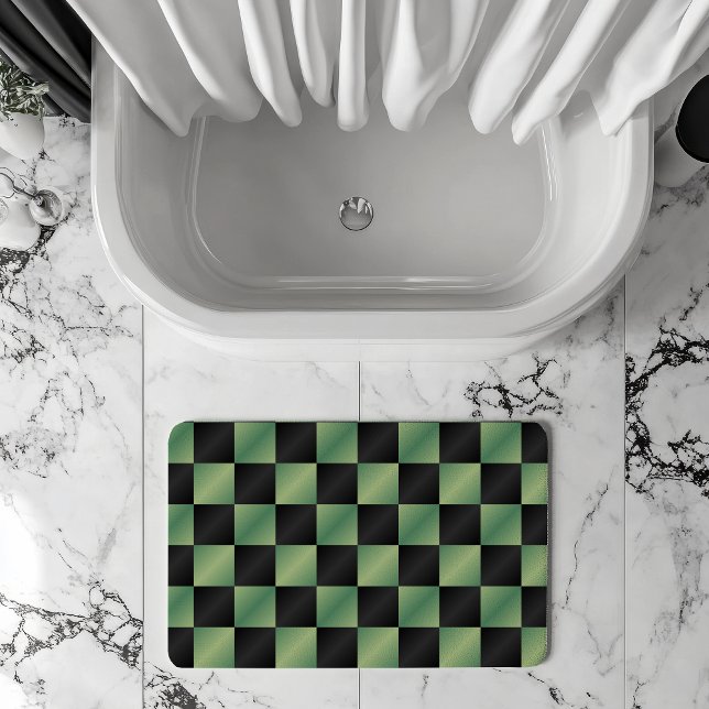 Modern Olive Green Black Gradient Chequered  Bath Mat (Creator Uploaded)