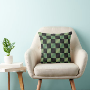 Modern Olive Green Black Gradient Chequered Cushion