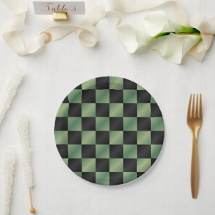 Modern Olive Green Black Gradient Chequered  Paper Plate