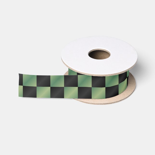 Modern Olive Green Black Gradient Chequered  Satin Ribbon (Spool)