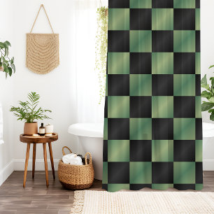 Modern Olive Green Black Gradient Chequered  Shower Curtain