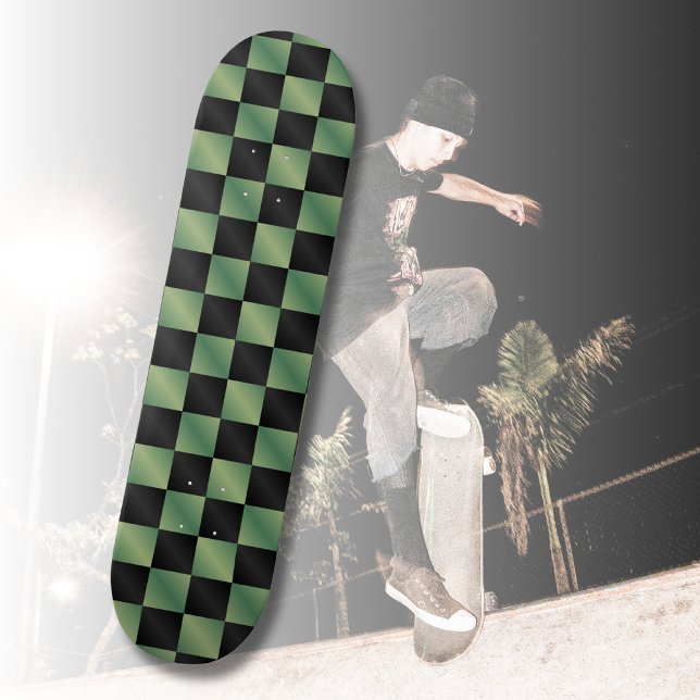Modern Olive Green Black Gradient Chequered  Skateboard (Creator Uploaded)