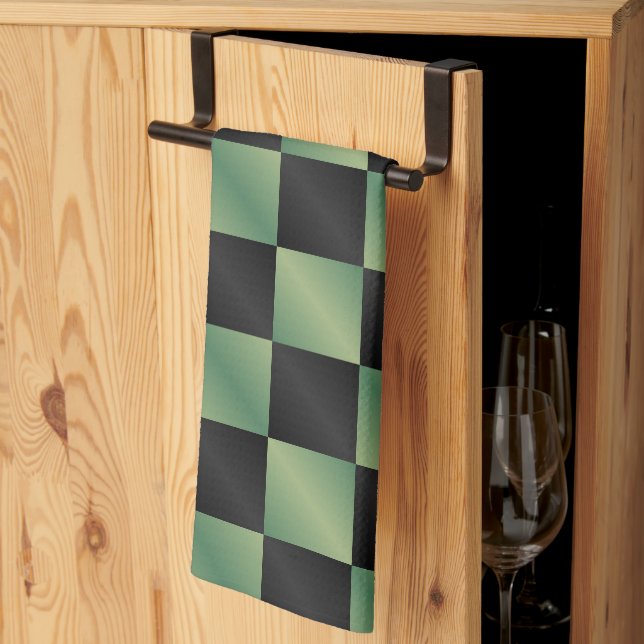 Modern Olive Green Black Gradient Chequered  Tea Towel (Thirds Fold)