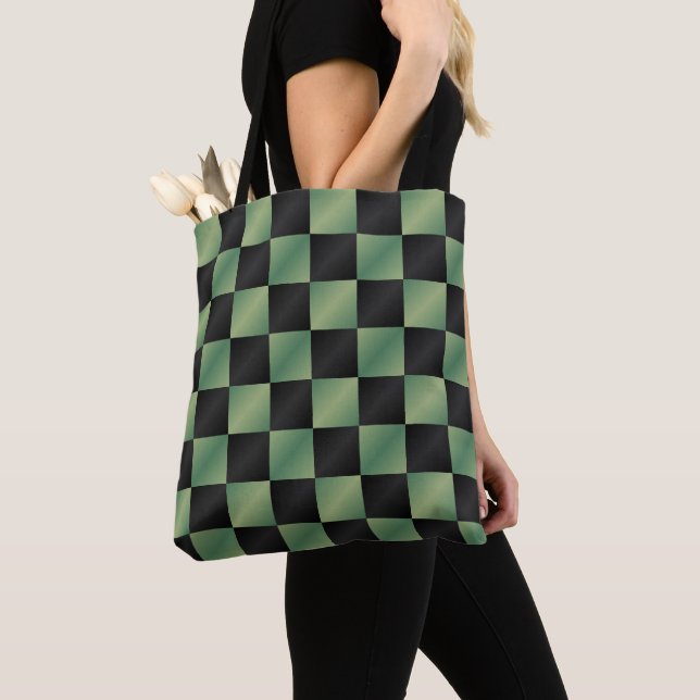 Modern Olive Green Black Gradient Chequered  Tote Bag (Close Up)