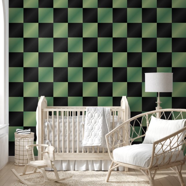 Modern Olive Green Black Gradient Chequered  Wallpaper (Kids)