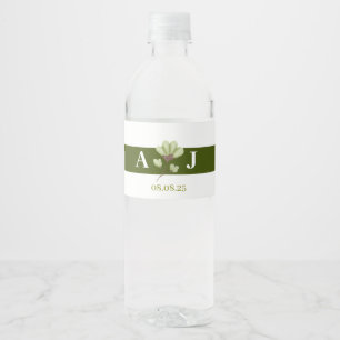 Modern Olive Green Boho Floral Wedding Water Bottle Label