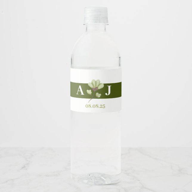 Modern Olive Green Boho Floral Wedding Water Bottle Label (Front)