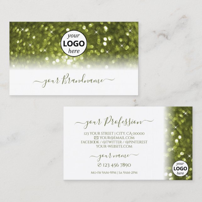 Modern Olive Green Bright Sparkle Glitter Add Logo Business Card (Front/Back)