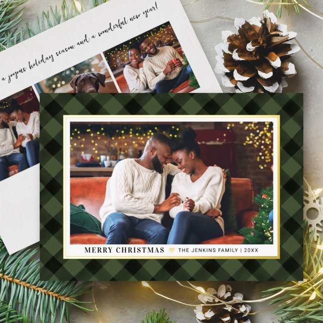 Modern Olive Green Buffalo Plaid Christmas Photo Foil Holiday Card (Creator Uploaded)