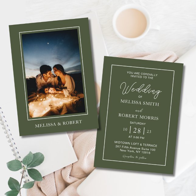 Modern Olive Green Calligraphy Photo Wedding Invitation (Modern Olive Green Calligraphy Script Elegant Photo Wedding Invitation Back to Back with White Font)