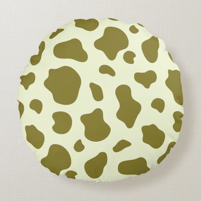 Modern Olive Green Cow Print Round Cushion (Front)