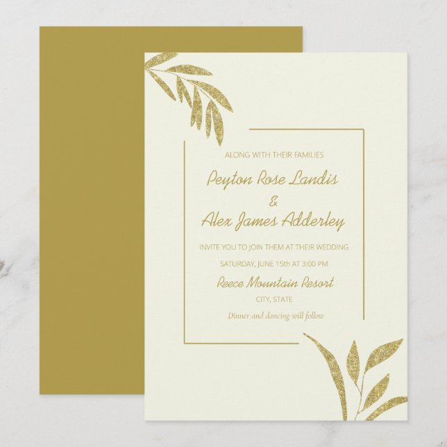 Modern Olive Green Cream Gold Leaves Wedding Invitation (Front/Back)