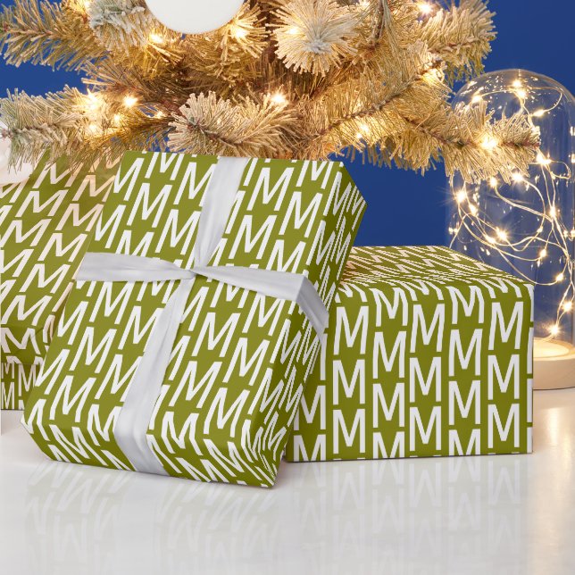 Modern olive green custom monogram initial pattern wrapping paper (Holidays)