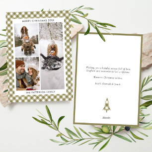 Modern Olive Green Gingham Plaid 3 Photo Christmas Holiday Card
