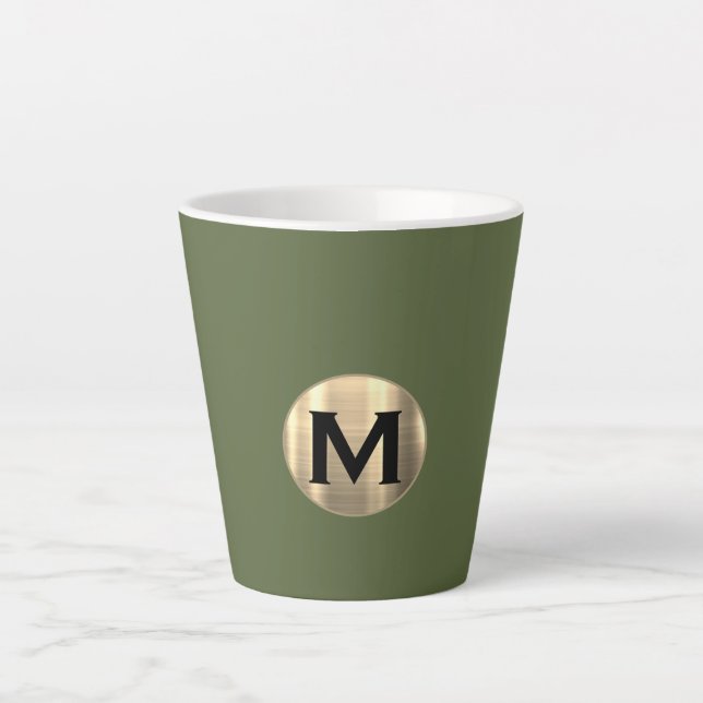 Modern Olive Green Gold Monogram Latte Mug (Front)