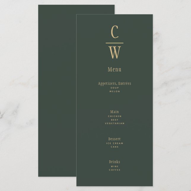 Modern Olive Green Gold Wedding Monogrammed Menu (Front/Back)