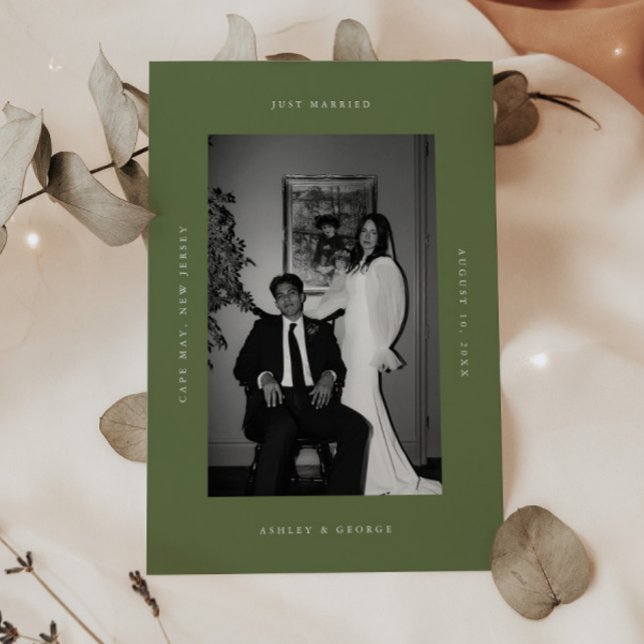 Modern Olive Green "Just Married" Photo Elopement Announcement (Creator Uploaded)