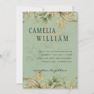 Modern Olive Green Leaves Gold Wedding Invite