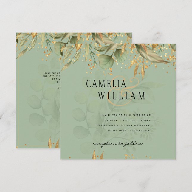 Modern Olive Green Leaves Gold Wedding Invite (Front/Back)