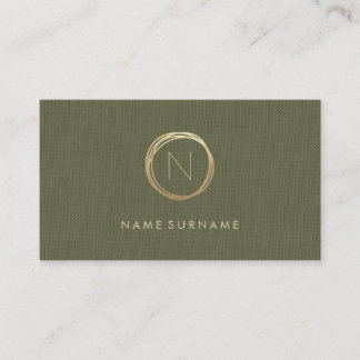 Modern Olive Green Linen Elegant Gold Monogram Business Card