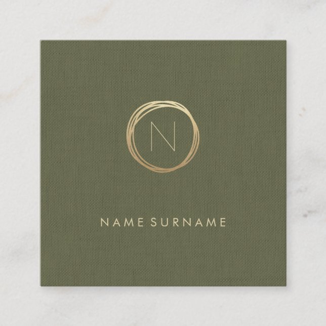 Modern Olive Green Linen Elegant Gold Monogram Square Business Card (Front)