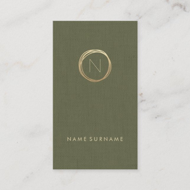 Modern Olive Green Linen Gold Monogram Vertical Business Card (Front)
