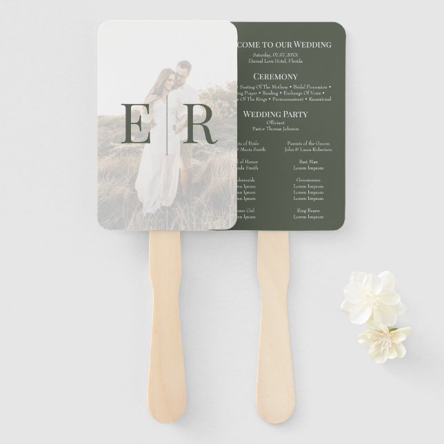 Modern Olive Green Monogram Photo Wedding Program Hand Fan (Front and Back)