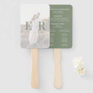 Modern Olive Green Monogram Photo Wedding Program Hand Fan