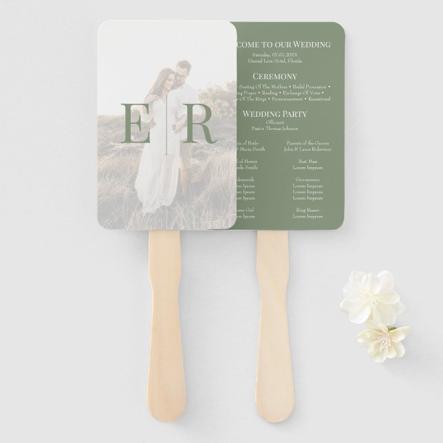 Modern Olive Green Monogram Photo Wedding Program Hand Fan (Front and Back)